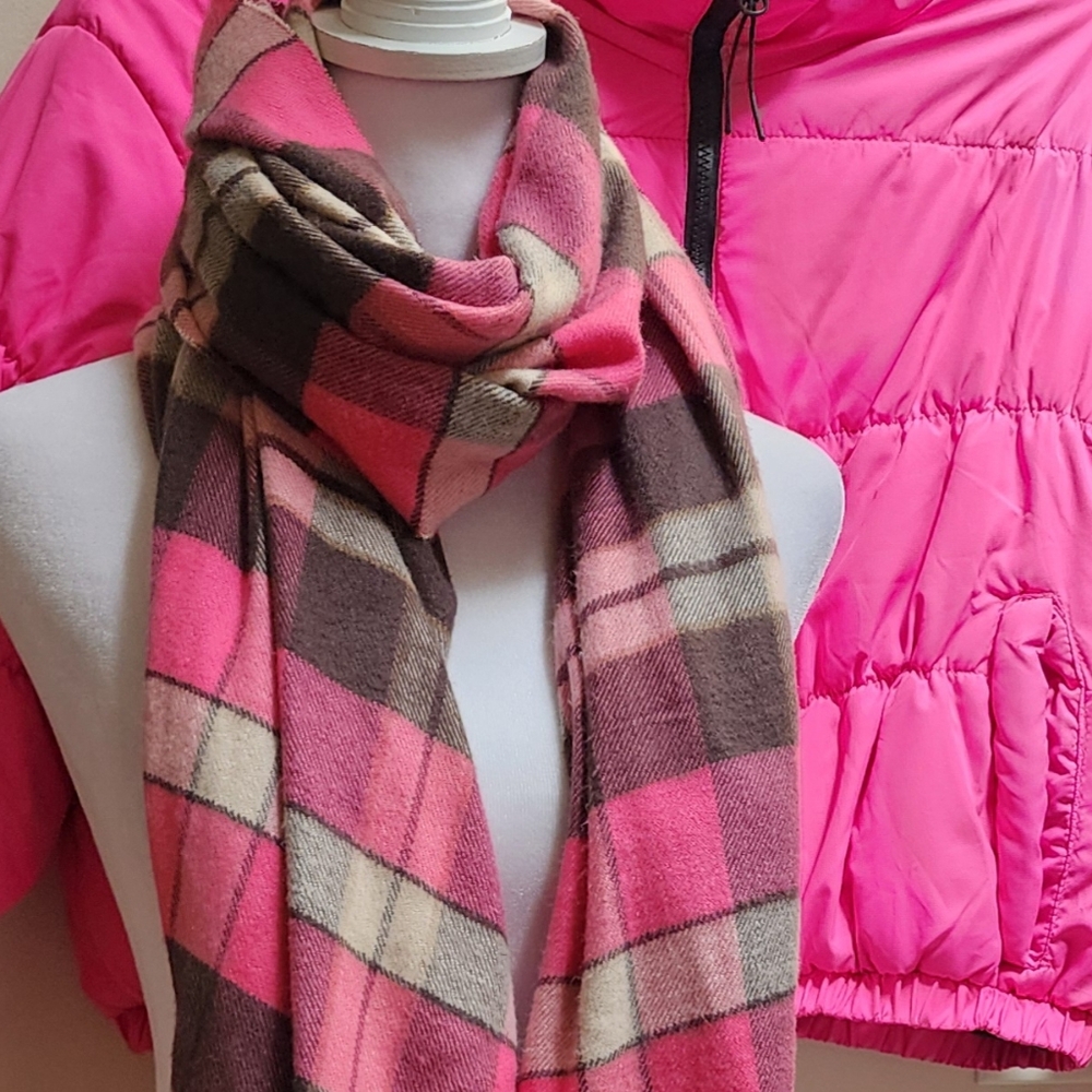 Hot Pink and Brown and Cream Soft Blanket Shawl Scarf With Fringe